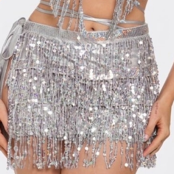 NEW NWT SILVER COACHELLA Sequin Bikini Top And Fringe Bottom Festival Set large - Picture 2 of 2